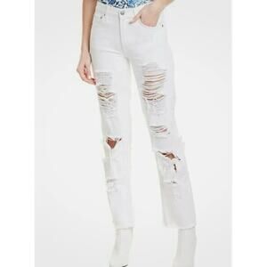 Alice + Olivia White Genevive Extreme Distressed Straight Leg Jeans Women 26‎